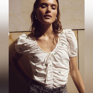 Noella Samantha Blouse top off White Floral Puff Sleeve embroidered